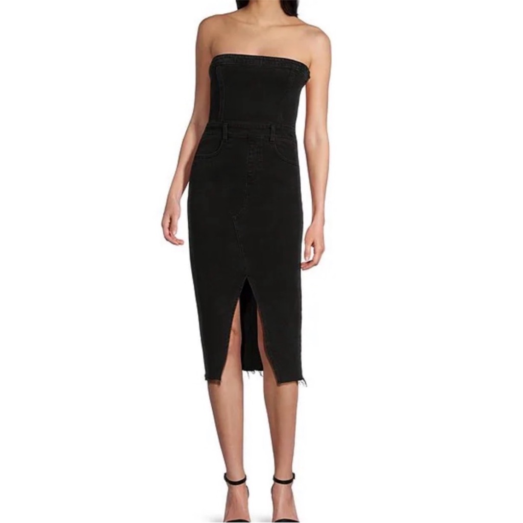 Gb Gianni Bini Strapless Denim Midi Jean Dress Faded Black Slit Nwt